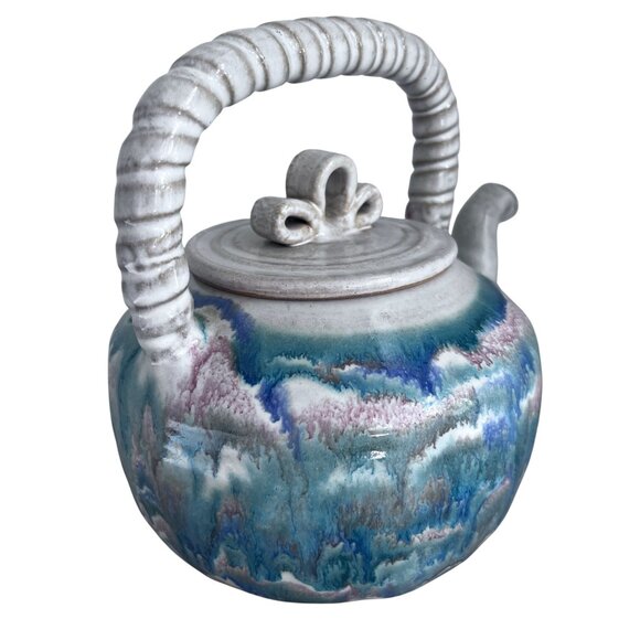 Artisan Made Small House Pottery Teapot With Lid Blue & Pink Ceramic Sanger TX - Picture 4 of 9